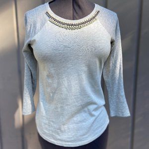 J Crew Women's Long-Sleeve Baseball Style Tee with Bejeweled Neckline